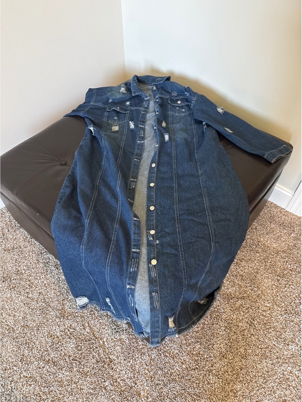 Distressed Style Long Denim Trench Coat 2XL
